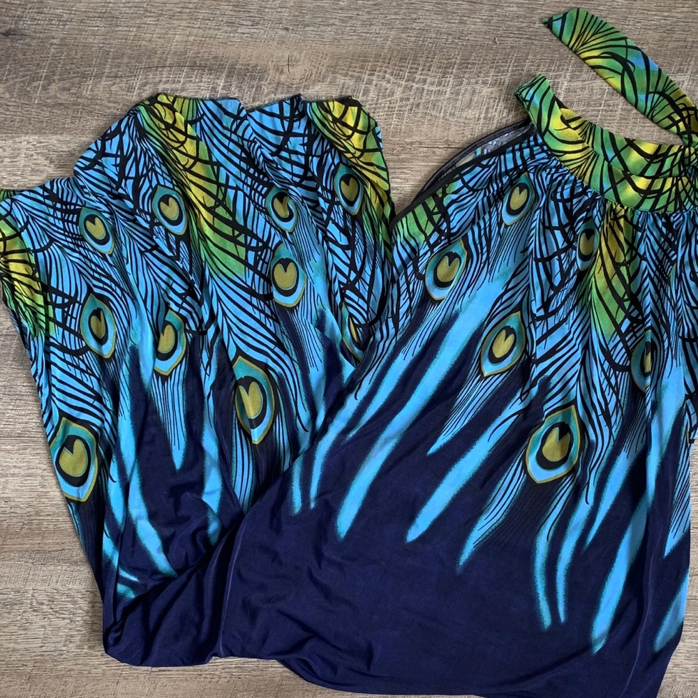 Maxi Dress Silk Blend  Peacock Feathers Size Sm